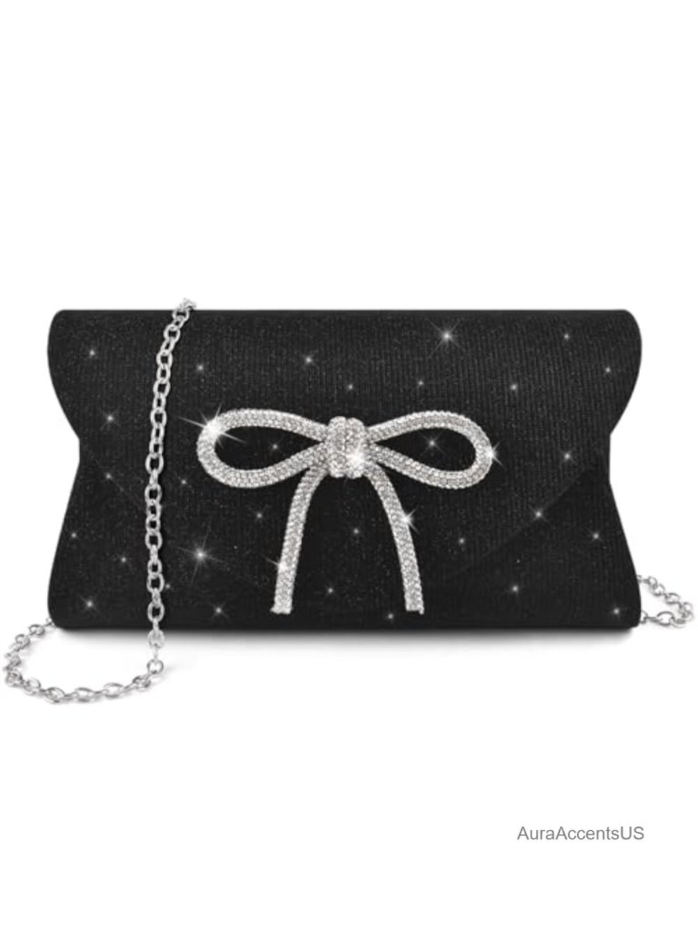 Glitter Envelope Clutch Evening Bag with Bow Diamond Accent & Chain
